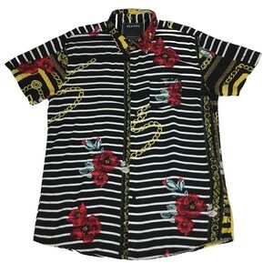 Reason Mens XXL Short Sleeve Button Up Shirt Black White Stripe Floral M8-01JJ